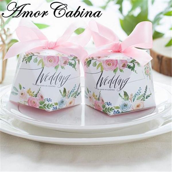 Enrolamento de presentes 30pcs Casamento romântico como Pink Diamond Shape Candy Box com Bow Bomboniere Party Chocolate