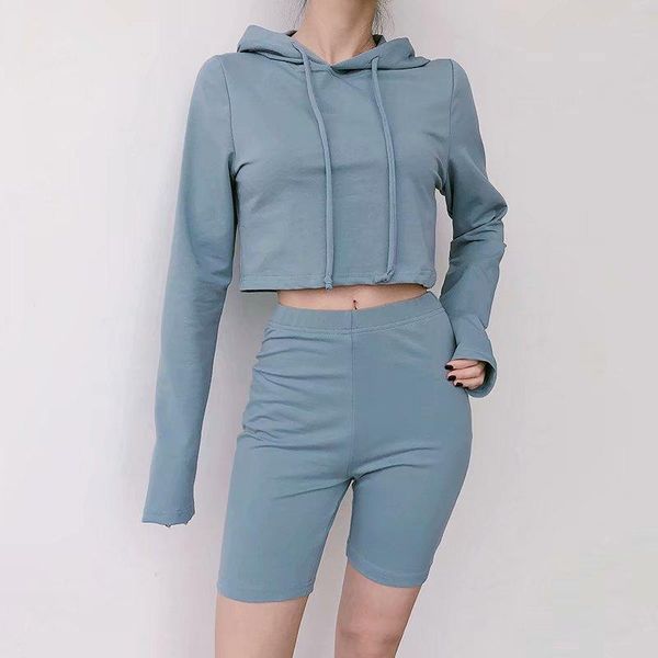 

autumn women sets long sleeve hooded solid crop and shorts two piece set womens 2 pieces tracksuit casual suits outfits women's pants, White