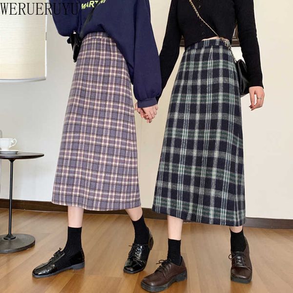 WERUERUYU Hohe Taille Lange Wolle Plaid Rock Für Frauen Warme Wolle Elegante Büro Dame Vintage Rock Herbst Winter Maxi Röcke 210608