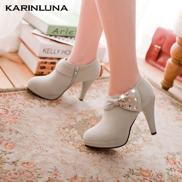 

boots karin 2021 arrivals plus size 45 flock women round toe platform spike heels zip rivet pumps winter shoes, Black