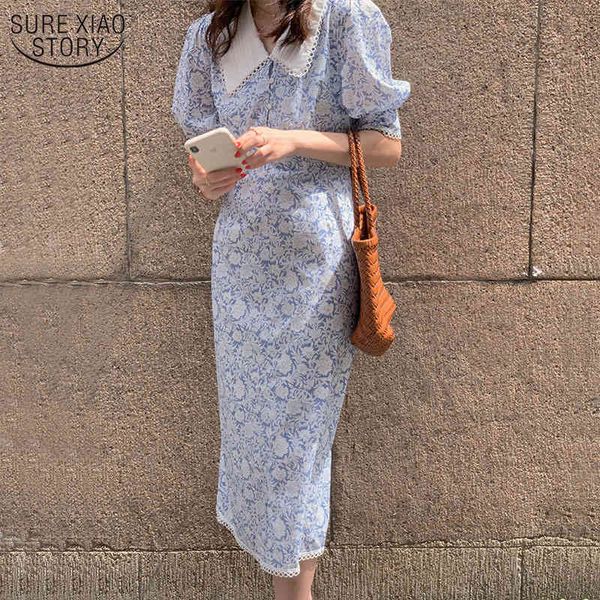 Vintage Chic Summer Women Dress Print Floral Polo Neck Bubble Sleeve Vita alta Primavera Casual Vestido 14149 210508