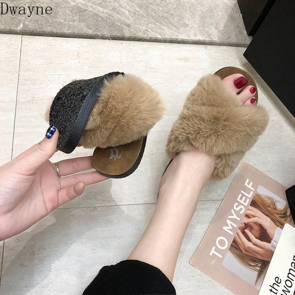 

slippers fur women wear spring and autumn fashion wild cross sandals, Black