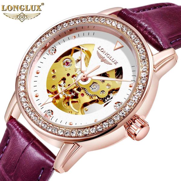 

watch longlux 2021 net red hollow out automatic mechanical leather waterproof inlaid diamond wristwatch, Slivery;brown