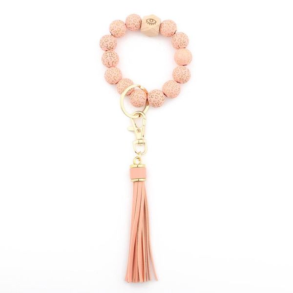 

2022 new wholesale leopard spotted wood bead bracelet keychain pu leather tassel pendant chain multicolor optional cross-border, Silver