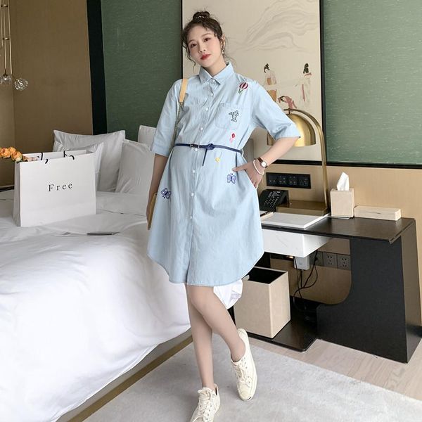 

maternity dresses 388#maternity dress summer short sleeves turn down collar denim loose fashion plus size midi pregnant women, White