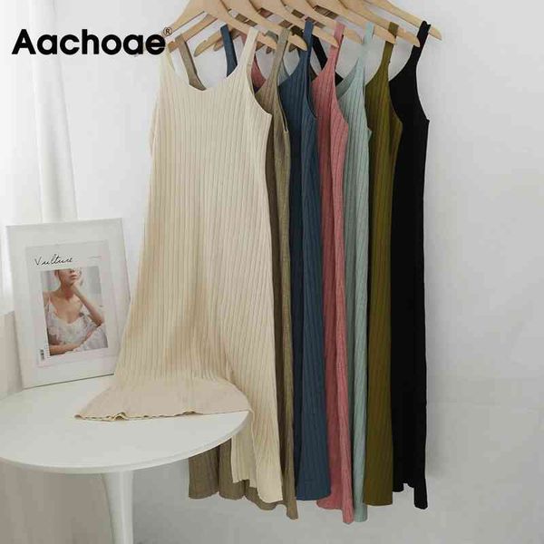 

aachoae women solid knitted dress v neck spaghetti strap midi dress back spilt sleeveless sheath dresses lady vestido de mujer 210413, Black;gray
