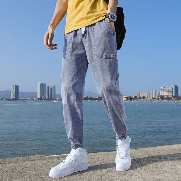 

summer the listing thin tencel black jeans men's loose large wide leg streetwear pants, Blue