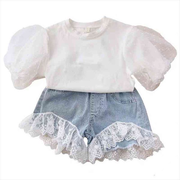 

kids baby toddler girl clothes set cute t shirt short sleeve cotton denim shorts lace baby girl clothes 2-7y, White
