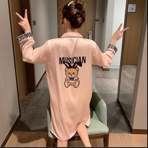 

autumn nightgowns satin sleep dress women sleepwear silk cartoon kawaii fashion cute shirts sleeping clothes, Black;red