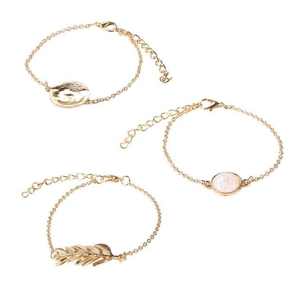

bangle 3pcs vintage golden chain imitation opal stone leaves round discs charm bracelets kit for women fashion jewelry gifts, Black