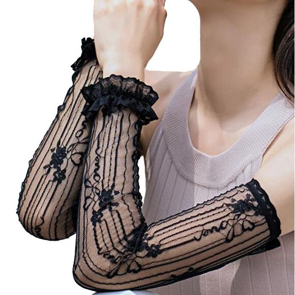 

lace thin long uv sunshade driving glove summer sunscreen sleeve female hollow silk half finger touch screen mitten m32 five fingers gl, Blue;gray