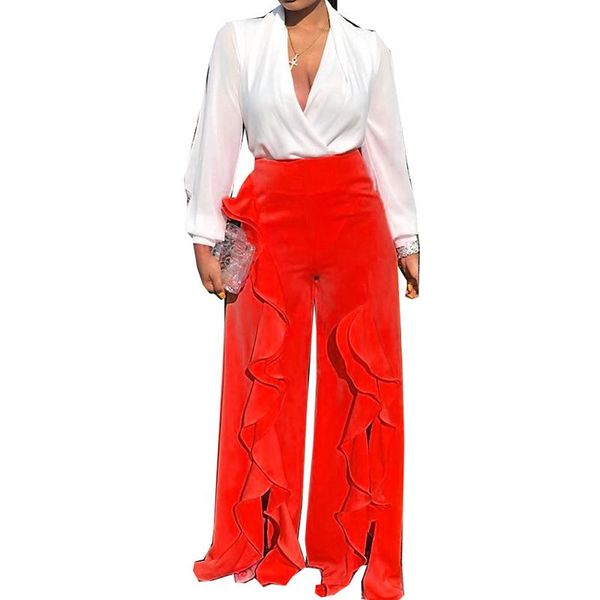 

women's leggings high waist casual ruffles lace loose pants 2021 autumn women yellow red plus size ruffed wide legs trousers streetwear, Black