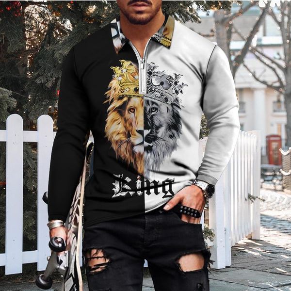 

men's polos 2021 autumn lapel zipper shirt comfortable casual mens long sleeve 3d animal print large size s-6xl, White;black
