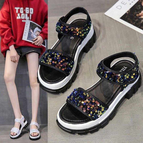 

sandals 2021 summer women heels fashion sequins thick bottom shoes chaussure femme casual girls platform 5cm zapatos, Black