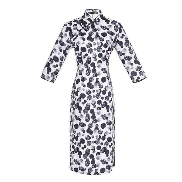 

mid length lady cotton chinese dress elegant half sleeve mandarin collar qipao print dot plus size 3xl straight cheongsam skirt ethnic cloth, Red