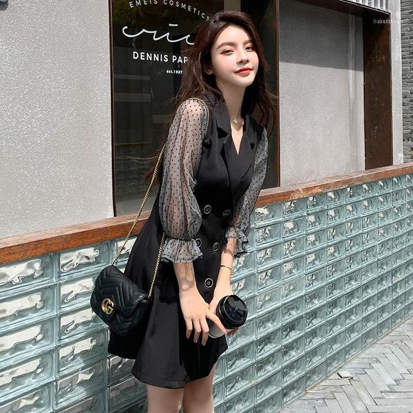 

spring sweet french style double-breasted maternity dress mesh sleeve patchwork notched collar office lady lactation dress1, White