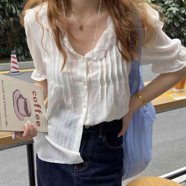 

women's blouses & shirts korean solid color new gentle lace sweet v-neck ladies shirt fashion all-match casual elegant short-s, White