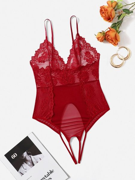 

plus contrast lace crotchless teddy bodysuit r7bx#, Black;white