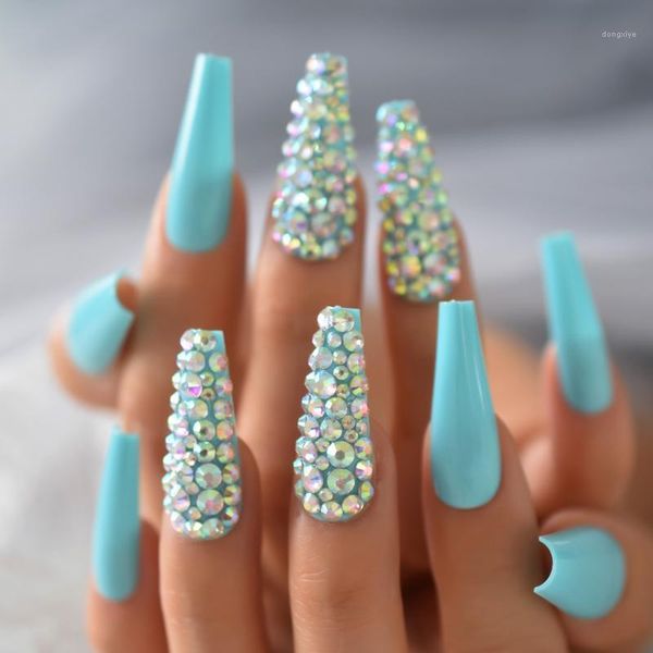 

strass super long false nails green blue tapered 3d predesigned ballerina faux ongles with rhinestones 241, Red;gold