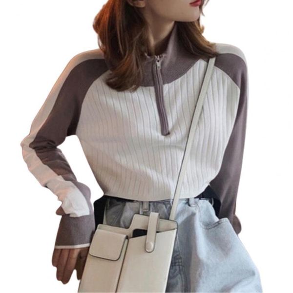 

women's blouses & shirts women fashion slim zipper collar long sleeve knitwear pullover blouse top, White