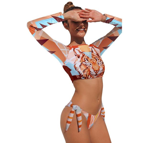 

women's swimwear 2021 leopard printed women long sleeve sunscreen swimsuit bandage thong bikini biquini bathing suit, White;black