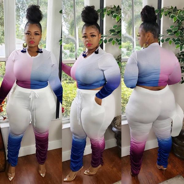 

ins test women autumn big size two piece sets with gradient color print lady high waist stacked pants o-neck t-shirts outfits, White