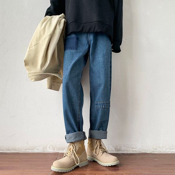 

men's jeans korean style patch stretch slim fit black/blue color casual pants classic cargo pocket biker denim trousers dkso
