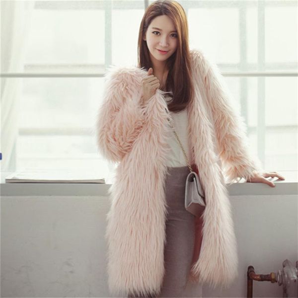 

women's fur & faux furry coat women fluffy warm long sleeve female outerwear winter jacket hairy collarless overcoat, Black