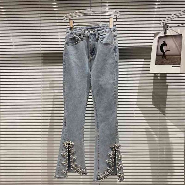 

women split flare jeans solid color high waist pearls beading decoration pants fashion spring summer 11b636 210525, Blue