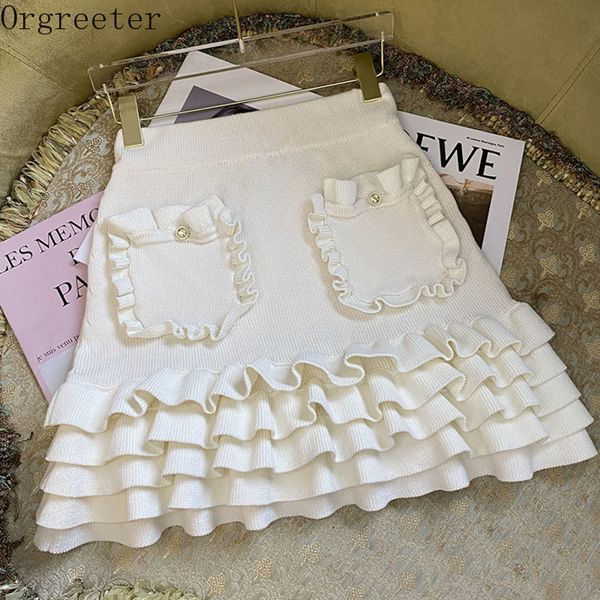 

runway skirt women high waist multi-layered ruffles pocket mini knitted s white/navy blue/black harajuku 210525