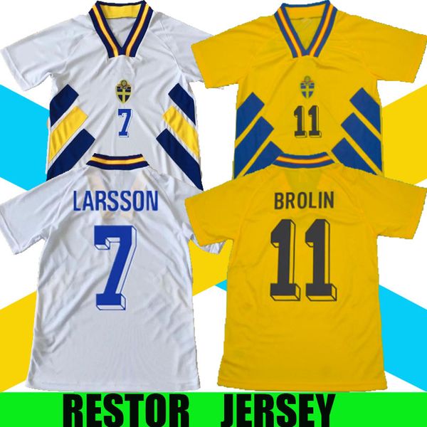 

1994 sweden soccer jersey home yellow retro 94 classic antique vintage maillot away white football shirt #11 brolin #10 dahlin #7 larsson, Black;yellow