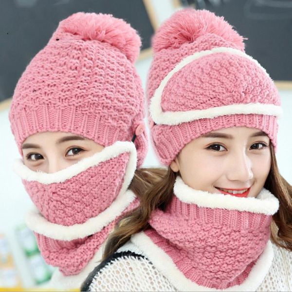 

3-piece set of women's winter fashion woolen hats for outdoor riding all-match knitted warm masks, collars and velvet caps, Black;white