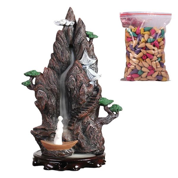 

fragrance lamps waterfall backflow incense burner resin smoke cone censer holder office desk home decor with wood base