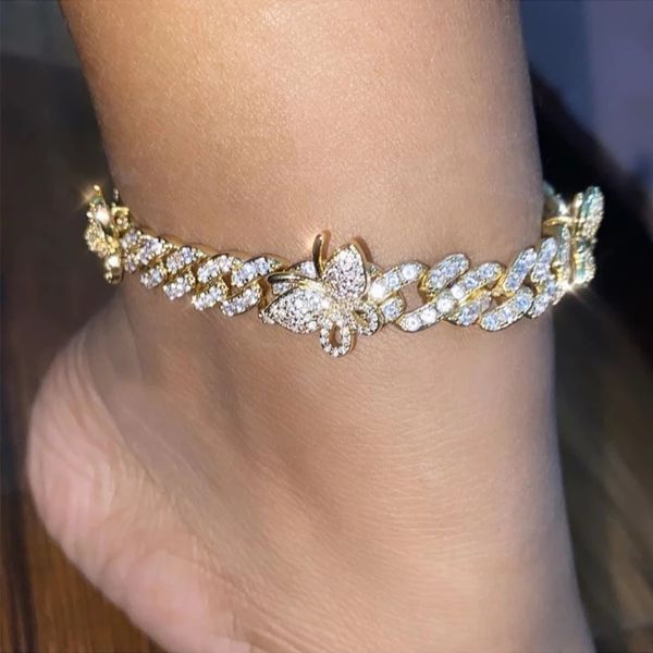 

iced out crystal cuban link chain anklets for women shiny big butterfly charms anklet bracelets summer fashion foot jewelry, Red;blue