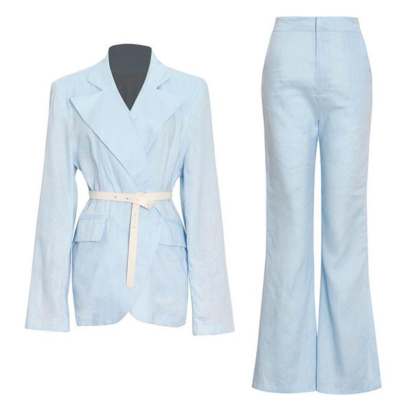 

women's two piece pants [ewq] blazers high waist flare long straight women suit 2021 casual set for lapel sleeve blue, White