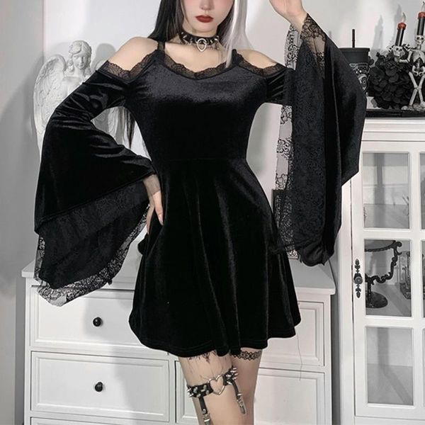 

casual dresses women's gothic dress aesthetic black lace off-shoulder flared sleeve a-line punk party costume mini for female #40, Black;gray