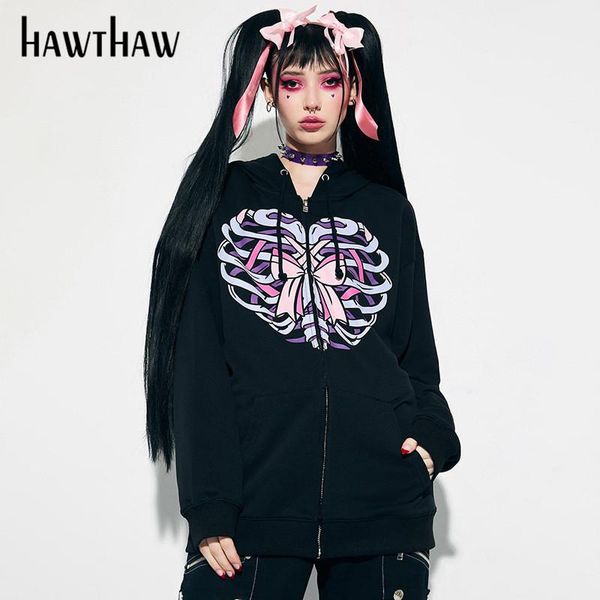 

women's hoodies & sweatshirts hawthaw women fashion autumn long sleeve printed black hooded zipper hoodie sweatshirt 2021 fall clothes