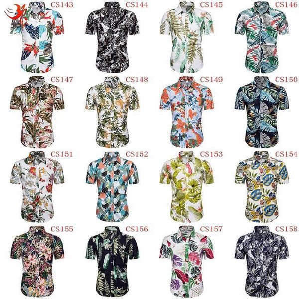 

men's fashion plant print shirt round neck short-sleeved lapel all-match blouse outdoor casual clothing#x1811 shirts, White;black