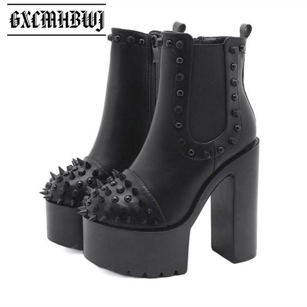 

punk gothic style rivet studded high platform women ankle boots spring round toe side zip chunky heels lady short, Black