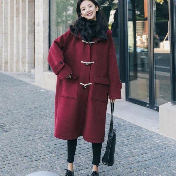 

women's wool & blends 2021 autumn winter korean red horn button tweed coat middle long hooded student's woolen, Black