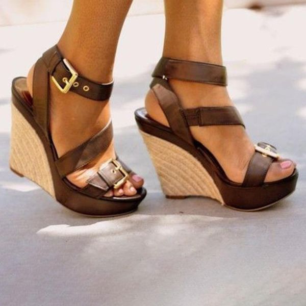 

dress shoes women sandals summer fashion peep toe wedges heel casual backle strap lady thick sole brown 2021, Black