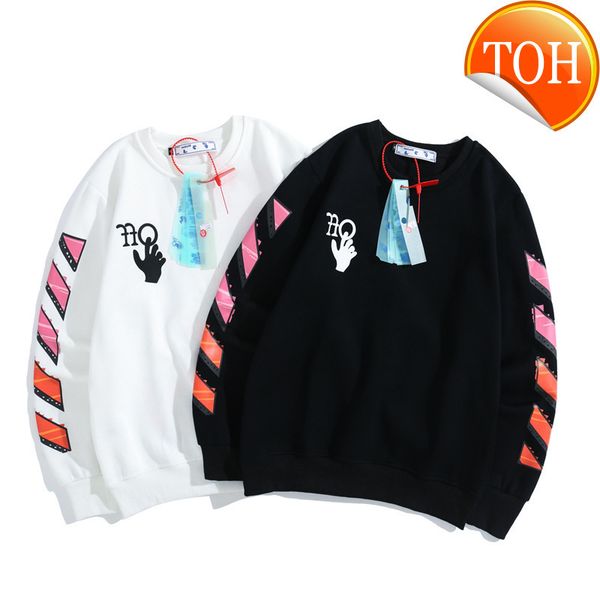 

new brand off finger fashion letter warning line color blocking printing loose plush sweater for men, Black