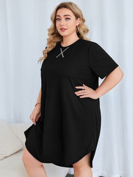 

plus stitching curved hem nightdress z7kp#, Black;white