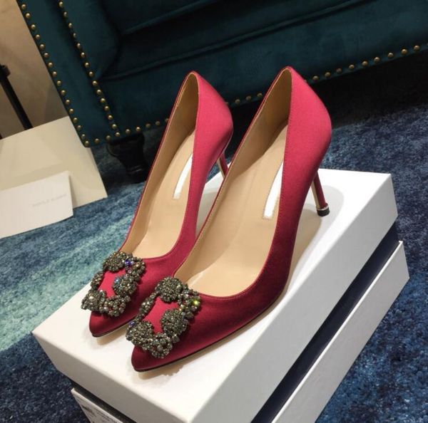 

dress shoes 2021 brand women high heel spring pointed rhinestone square buckle satin women's wedding 35-42 bag, Black