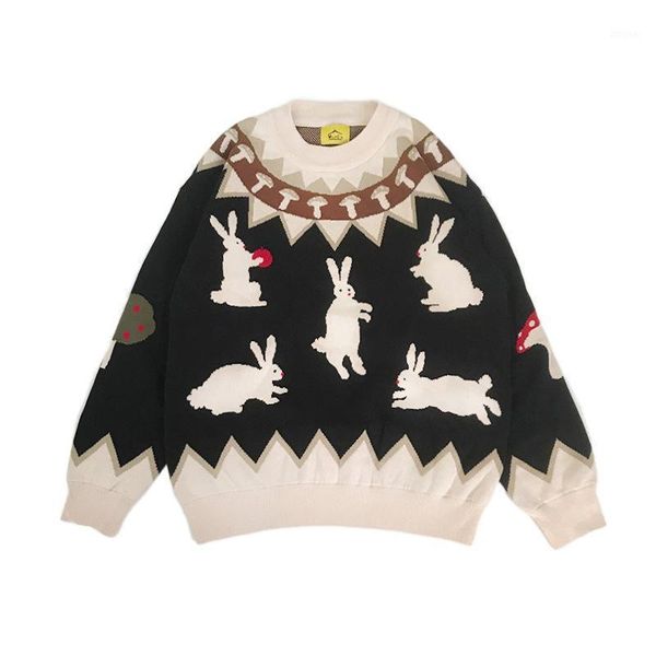 

ladies thick and warm cotton pullover sweater knitwear o-neck cartoon embroidery casual loose women's sweaters, White;black