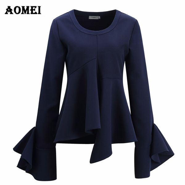 

women blouse navy blue shirts flare long sleeve o neck irregaular spring summer fashion ruffled ladies female blusas 210416