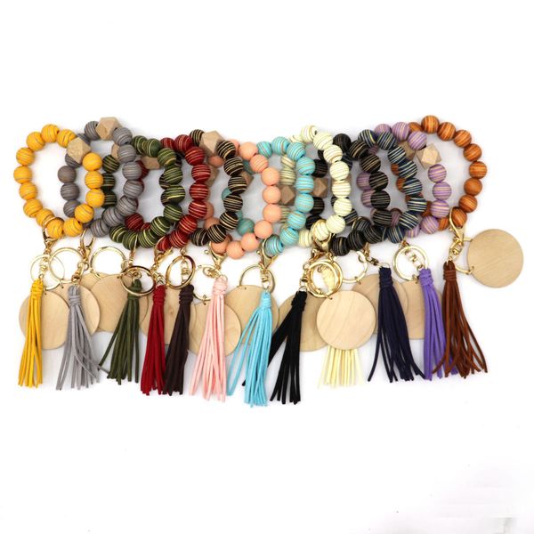 

cross-border personality bracelet craft carved wood beads keychain blank disc tassel key ring pendant multi-color optional factory, Silver