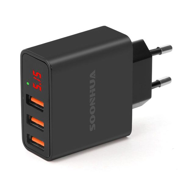 

smart power plugs 3-port usb 5v 3a 100-240v globe voltage ic quick charger phone wall adapter with digital display charging protection