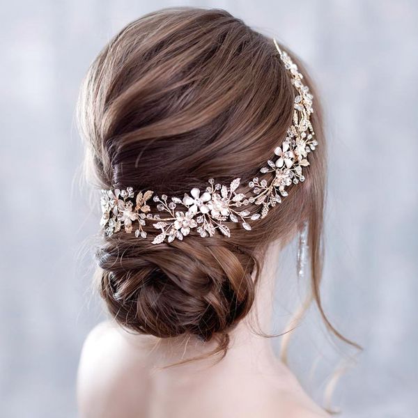 

trendy bridal flower wedding headband gold leaf rhinestone bride headpiece crystal women hairband wedding hair accessoriesdio chan contact, White;golden