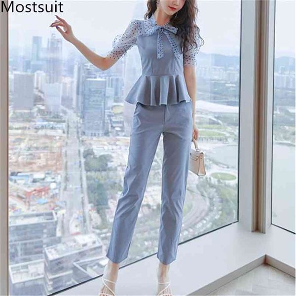 

summer elegant office two piece sets women dot printed short sleeve tunic + pants suits workwear ol style ladies set femme 210513, White